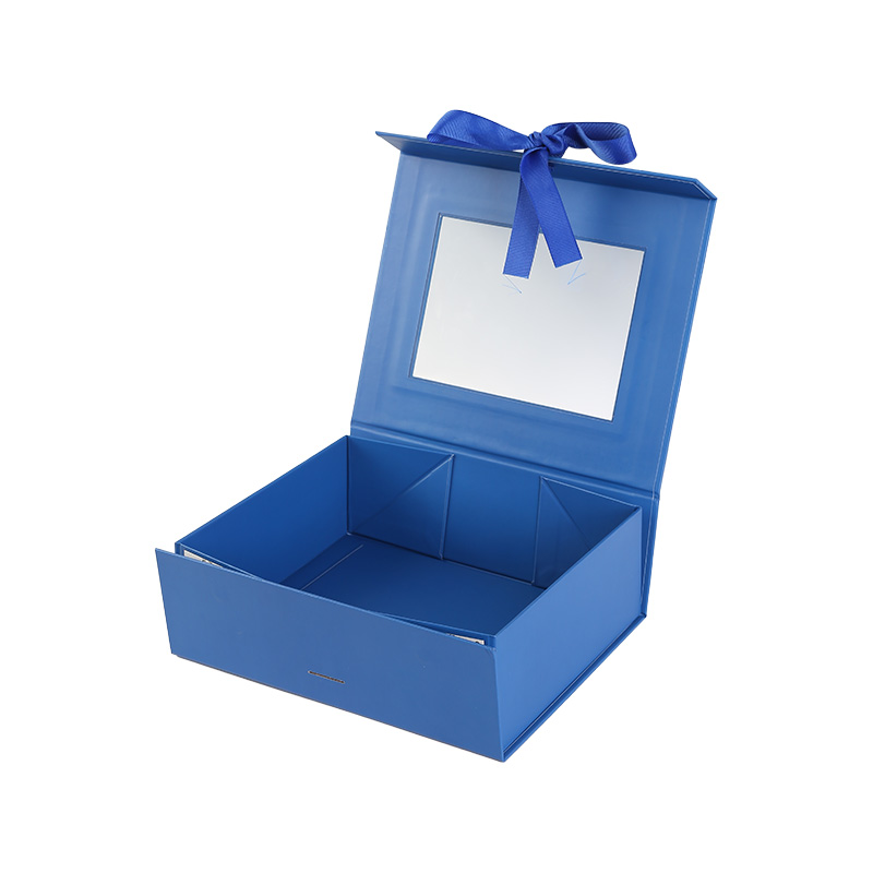 Caja de regalo con decoración de lazo plegable rectangular azul con tapas