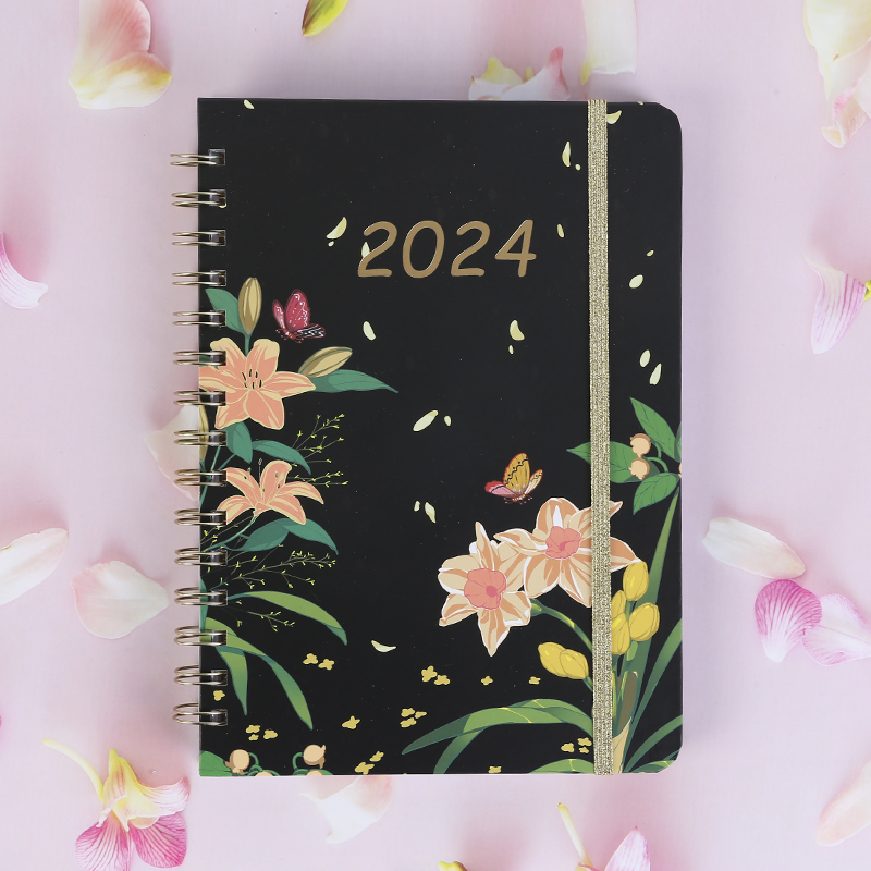 Planificador de calendario diario con impresión de flores Cuaderno de espiral